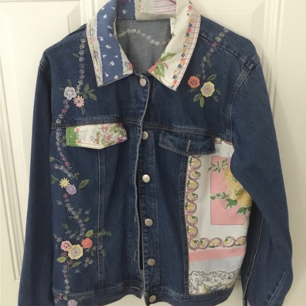 Susan Bristol Blue Denim Jacket with Pastel Floral Panels